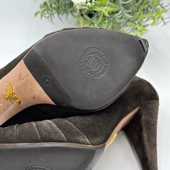 Prada Vintage Brown Suede Pumps Heels Size 37/6.5 With Toe Taps Cone Pleats Sole - Picture 9 of 16